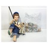 5 Baby Yoda figures and fishing boy with dog