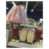 3 table lamps with shades and 2 fabric desk