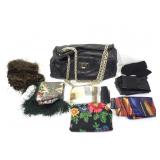 Fashion handbag purse, black & asstd scarf