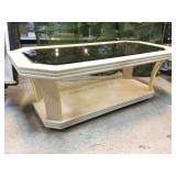 Blonde wood coffee table w/lower shelf and glass