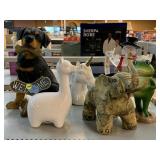 6 decorative figures. Unicorn, frog, dog, llama