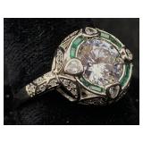 Sterling Silver Ring W/emerald & 2ct Moisenite