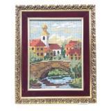Artwork, European village, framed needlepoint