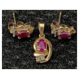 14k Gold Pendant,earrings W/ruby & Diamonds,