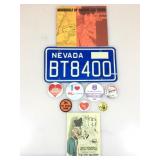 Nevada license plate & asstd pins & more