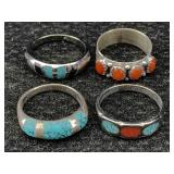 4 Sterling Silver Rings W/ Turquoise, Coral, Onyx,