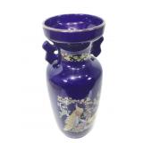Asian vase blue w/peacocks & gold color trim 15