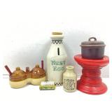 Asstd ceramic bottles, red stand, condiment jars
