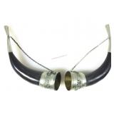 2 Drinking animal horns w/metalwork & chain