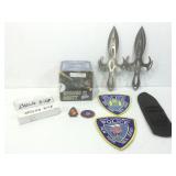 Throwing knives/blades, casino dice, patches &