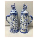 2 Beer Steins w/toppers, blue/white ceramic 8 in