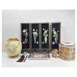 Miniature 14in Asian Lacquered 4 Panel Screen,