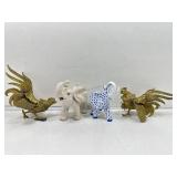 Vtg Brass Fighting Roosters and 2 Ceramic