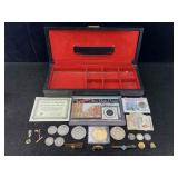 3 Ike Dollars W/some Us Currency, Pins And More