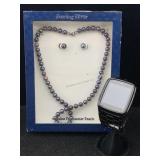 Nib Black Pearl Necklace W/sterling Silver Clasp &