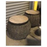 Pair Faux Wicker Patio Side Tables with Wood