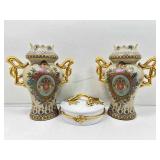 Pair 12in Vases & Italian Lidded Dish