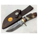 Handmade Damascus Blade Antler Handle 6in Fixed