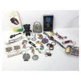 Watch, keychains, small novelty collectibles and