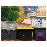 Storage bins and basket. Some have lids.