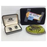 Real scorpion belt buckle and dice cuff links.