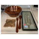 Wood salad bowl, wood trivet and window panel