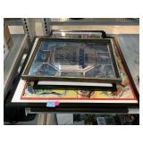 Framed mirror and 3 framed memorabilia