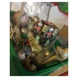 Bin of assorted holiday decor.