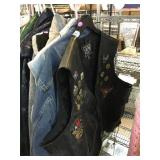 Leather riding vest with pins, denim vest with