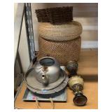 Aluminum kettle, platters and tray. Wicker rattan