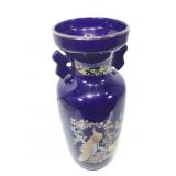 Asian vase blue w/peacocks & gold color trim 15