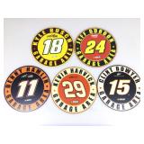 5 NASCAR round 12in wall signs. Assorted