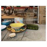 Decorative platters and glassware, wire lantern