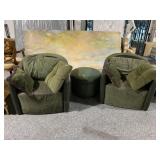 Pair Green Barrel Armchairs with Ottoman and