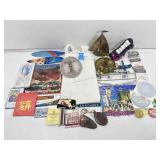 Metal sailboat, mini surfboards, assorted