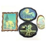 4 unicorn prints lacquered on wood. Assorted