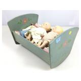 Antique baby 9in dolls in painted wood rocker
