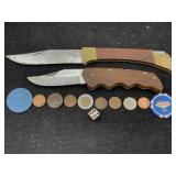 2 Pocket Knives, Foreign Currency, Casino Chips & 2 Pocket Knives, Foreign Currency, Casino Chips &