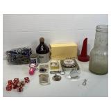 Vtg casino dice, gas spout, line chalk, jug & Vtg casino dice, gas spout, line chalk, jug &