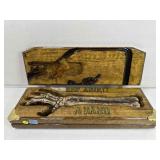 Wooden hinged box w/carved skeletal hand & Wooden hinged box w/carved skeletal hand &