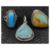 2 Sterling Silver Turquoise Rings & Pendant, 2 Sterling Silver Turquoise Rings & Pendant,