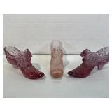 3 Fenton glass shoes, pink 3 Fenton glass shoes, pink