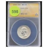 1940 Silver Quarter Anacs Ms63 1940 Silver Quarter Anacs Ms63