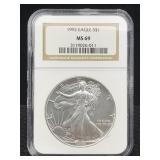 1992 Silver Eagle 999 1 Oz Silver, Ngc Ms69 1992 Silver Eagle 999 1 Oz Silver, Ngc Ms69