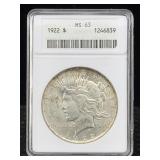 1922 Silver Peace Dollar, Anacs Ms63 1922 Silver Peace Dollar, Anacs Ms63