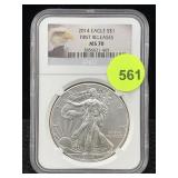 2014 Silver Eagle 999 1 Oz Silver, Ngc Ms70 First 2014 Silver Eagle 999 1 Oz Silver, Ngc Ms70 First