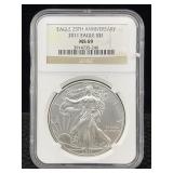 2011 Silver Eagle 999 1 Oz Silver, Ngc Ms69, 25th 2011 Silver Eagle 999 1 Oz Silver, Ngc Ms69, 25th
