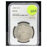 1884-o Silver Morgan Dollar, Ngc Ms62 1884-o Silver Morgan Dollar, Ngc Ms62
