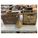 2 Wood crates and glass wasp trap. Larger crate