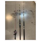 3 Assorted Fishing Poles W/Reels. Largest Approx
